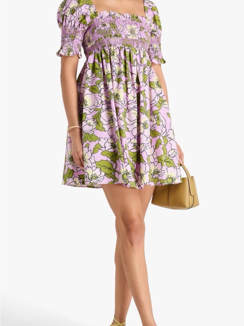 Tory Burch Lavender and Green Floral Smocked Mini Dress